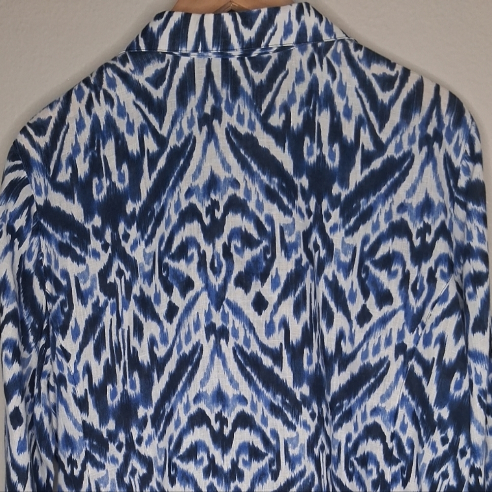 Chico's Linen Womens Tunic Button Shirt 3/4 Sleeve Blue White Abstract Size  XL - Picture 11 of 14